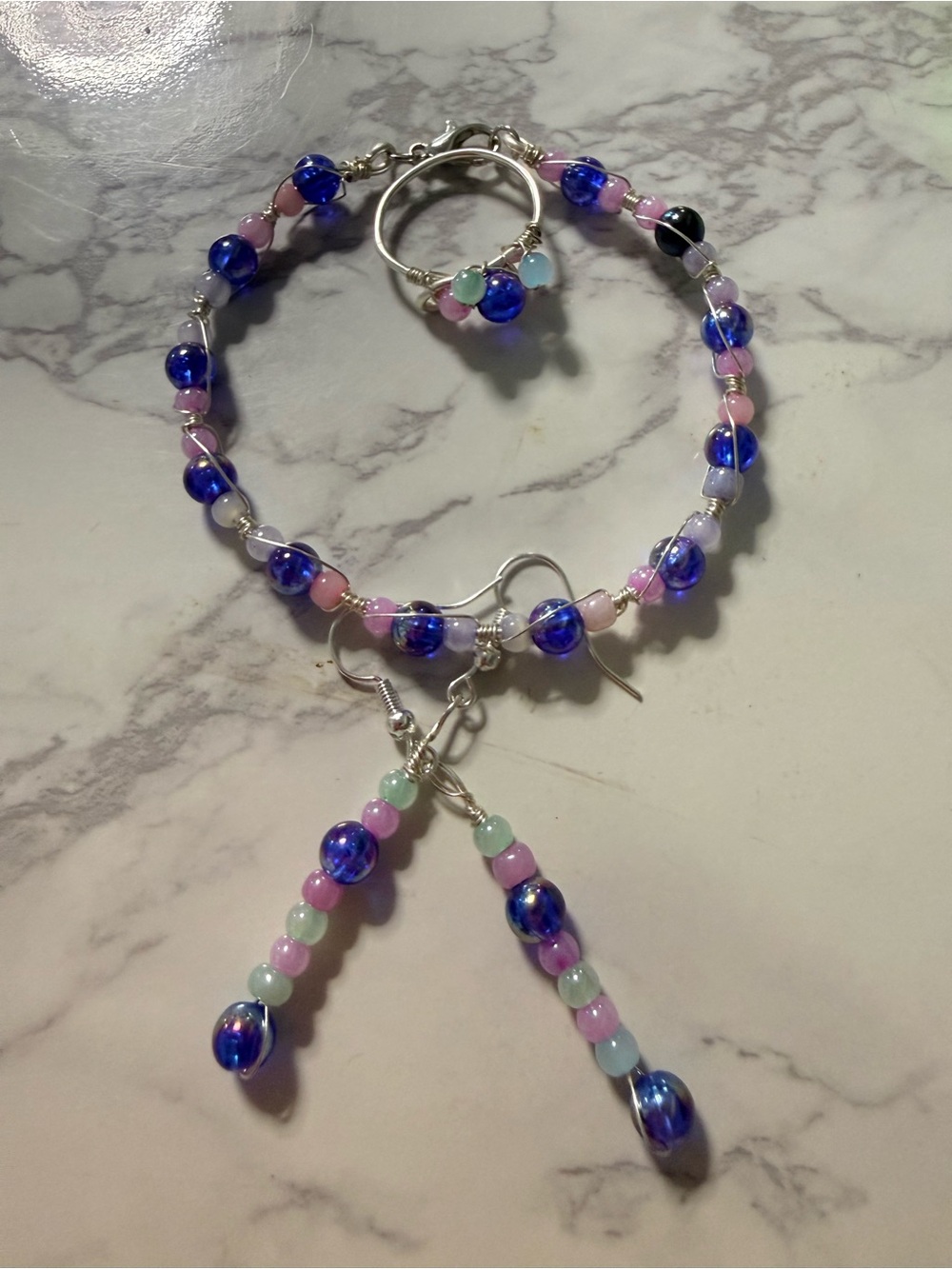 New Handcrafted Blue & Pink Beaded bracelet , Earrings and Ring Set
